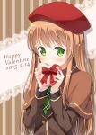  1girl blush box brown_hair chocolate chocolate_heart covering_mouth gift gift_box green_eyes happy_valentine heart holding hyuuga_azuri long_hair looking_at_viewer original school_uniform solo 