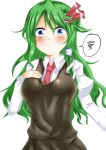  blonde_hair blue_eyes blush bow breasts bust cosplay frog_hair_ornament green_hair hair_bow hair_ornament hand_on_own_chest highres kochiya_sanae large_breasts long_hair o3o rumia rumia_(cosplay) snake solo speech_bubble spoken_squiggle squiggle takorice touhou 
