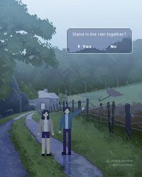  1boy 1girl aseprite_(medium) atmospheric_perspective clouds cloudy_sky dialogue_options english_text faceless fog forest grass highres house nature onlypixeeels original outstretched_arm pixel_art rain reflective_floor road sky standing tree umbrella wire_fence 