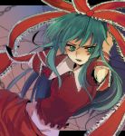  bow carbonate chain chains covering_ears dress front_ponytail green_eyes green_hair hair_bow hair_ribbon highres kagiyama_hina letterboxed ribbon solo touhou 