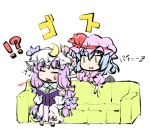  2girls :d =_= ascot blood blue_hair book bow couch crescent dress hair_bow hat hat_bow hat_ribbon long_hair multiple_girls natsuki_(silent_selena) open_book open_mouth patchouli_knowledge punching purple_hair remilia_scarlet ribbon simple_background sitting smile tears the_embodiment_of_scarlet_devil touhou translation_request white_background |_| 