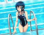  1girl blue_eyes blue_hair collarbone competition_swimsuit covered_navel eyebrows goggles goggles_around_neck hair_ornament hairclip highres idolmaster idolmaster_dearly_stars looking_at_viewer mizutani_eri one-piece_swimsuit open_mouth pool pool_ladder poolside shiny shiny_clothes shiny_hair shiny_skin short_hair skin_tight solo swimsuit tachi_hirushi water wet wet_swimsuit 