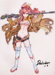  artist_name bikini_top boots derivative_work dualsaber gun hair_stick highres holster long_hair midriff mound_of_venus navel no_panties open_fly orange_eyes ponytail red_hair redhead rifle short_shorts shorts simple_background smile sniper_rifle solo tengen_toppa_gurren_lagann thigh-highs thigh_boots thighhighs torn_clothes traditional_media unzipped weapon white_background yoko_littner 