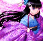  black_hair floral_print flower hair_flower hair_ornament hime_cut japanese_clothes kimono long_hair original sakamoto_mineji solo 