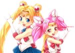  \m/ anniversary bad_id bishoujo_senshi_sailor_moon blonde_hair blue_eyes bow chibi_usa child choker double_bun hair_ornament hairpin long_hair magical_girl multiple_girls pink_hair pleated_skirt red_eyes ribbon sailor_chibi_moon sailor_collar sailor_moon short_hair skirt smile tiara tsuki_ni_kawatte_oshioki_yo tsukino_usagi twintails white_background yashiro_(hati) 