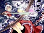  arrow bow bow_(weapon) breasts brown_eyes danmaku dress hat highres houraisan_kaguya long_hair multiple_girls nmknf_(mkn) nurse_cap silver_hair single_elbow_glove single_glove smile touhou weapon wink yagokoro_eirin 