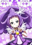 :&lt; ahoge argyle argyle_background ayase_yue big_hair cosplay cure_peace cure_peace_(cosplay) double_v dress long_hair magical_girl mahou_sensei_negima! precure purple purple_background purple_eyes purple_hair pururun_z smile_precure! solo star starry_background v violet_eyes 