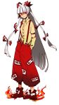 bad_id bow fire fujiwara_no_mokou hair_bow hands_in_pockets isoppu2525 long_hair pants shoes smirk solo standing touhou white_background 