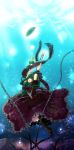  boots bow chain chains doll dress frills front_ponytail green_eyes green_hair hair_bow hair_ribbon highres kagiyama_hina kaibun_dou open_mouth ribbon rock solo touhou underwater 