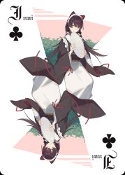  1girl animal_ears animal_hair_ornament apron brown_hair brown_kimono brown_sash card card_(medium) character_name closed_mouth club_(shape) commentary dog_ears flower frills hair_flower hair_ornament heterochromia highres holding holding_tray inui_toko inui_toko_(1st_costume) japanese_clothes kimono long_hair long_sleeves looking_at_viewer maid maid_headdress multiple_views nijisanji obi obiage obijime plant playing_card red_eyes red_ribbon ribbon rotational_symmetry sash seelean slit_pupils tray very_long_hair virtual_youtuber wa_maid waist_apron white_apron white_background white_headdress yellow_eyes 