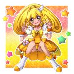  1girl bike_shorts blonde_hair blush bowtie choker cure_peace double_v dress gradient gradient_background kise_yayoi long_hair magical_girl miton39 pink_background precure shoes shorts_under_skirt sitting skirt smile_precure! solo star v wrist_cuffs yellow_background yellow_bike_shorts yellow_dress yellow_eyes 