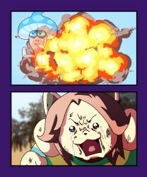  1girl 2023 2d 2koma animal animal_ears black_border border comic creature crying crying_with_eyes_open digital_media duo explosion multiple_animal_ears mushroom oekaki oo_rollo ragel_(undertale) silent_comic striped_clothes striped_shirt tears temmie undertale 
