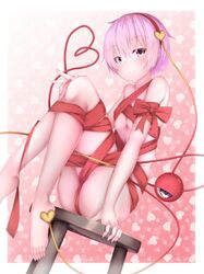  1girl barefoot blush breasts hairband heart highres komeiji_satori looking_at_viewer naked_ribbon navel nude pink_hair ribbon short_hair sitting smile solo third_eye touhou 