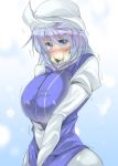  bad_id blue_eyes blue_hair blush breast_squeeze breasts bust hat huge_breasts letty_whiterock short_hair solo toono_yayoi touhou trembling 
