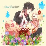  1boy 1girl ahoge ao_no_exorcist bad_id black_hair blonde_hair blue_fire closed_eyes couple fire floral_print flower hair_flower hair_ornament hand_holding hand_on_back happy holding_hands japanese_clothes kimono leaf lying_on_person moriyama_shiemi necktie okumura_rin open_mouth pants pietani397 pointy_ears school_uniform seigaiha short_hair sitting smile striped striped_necktie title_drop 