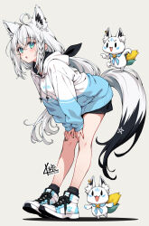  1girl ahoge alternate_costume animal_ear_fluff animal_ear_piercing animal_ears artist_name black_ribbon black_shorts black_socks blue_eyes blue_hoodie braid chestnut_mouth dated fox_ears fox_girl fox_tail from_side hair_between_eyes hair_ribbon hands_on_own_knees highres hololive hood hood_down hoodie kubota_masaki leaning_forward light_blush long_hair ribbon shirakami_fubuki shorts simple_background single_braid socks standing sukonbu_(shirakami_fubuki) tail two-tone_hoodie very_long_hair white_background white_hair white_hoodie white_sneakers 