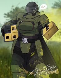 1girl ammunition_box armor belt blurry blurry_background box breasts bulletproof_vest cape doodtoon english_text forest greaves helldiver_(helldivers) helldivers_(series) helmet highres large_breasts looking_at_viewer nature pauldrons shoulder_armor solo 