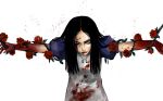  alice:_madness_returns alice_(wonderland) alice_in_wonderland american_mcgee&#039;s_alice american_mcgee's_alice black_hair blood blood_splatter bloody_clothes blue_eyes bound_arms flower highres injury jewelry long_hair looking_at_viewer outstretched_arms pendant rose solo vines wink zctc840 
