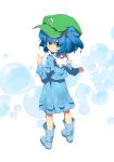  blue_eyes blue_hair blush bubble child from_behind hair_bobbles hair_ornament hat highres kawashiro_nitori looking_at_viewer looking_back pocket pointing rubber_boots sawayaka_samehada shirt skirt skirt_set smile solo touhou turning twintails 