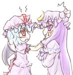  2girls bat_wings blue_hair blush bow crescent dress fang hair_bow hands_on_another&#039;s_cheeks hands_on_another's_cheeks hands_on_another's_face hat hat_ribbon long_hair multiple_girls natsuki_(silent_selena) open_mouth patchouli_knowledge purple_eyes purple_hair red_eyes remilia_scarlet ribbon side simple_background the_embodiment_of_scarlet_devil touhou violet_eyes white_background wings 