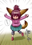  blush child fukiishi_ayako glasses mittens motion_lines open_mouth original outstretched_arms ponytail purple_hair red_eyes shoes skirt sweater tail translated velcro vorpal-duck 