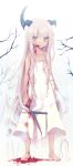 bandage bandages barefoot blood blood_on_face child collarbone dress feet flat_chest highres horns injury long_hair original scissors solo sundress torn_clothes yuzuki_gao 