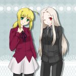  ahoge blonde_hair cosplay costume_switch fate/zero fate_(series) formal green_eyes irisviel_von_einzbern long_hair multiple_girls nanatsu95 necktie pant_suit pantyhose ponytail red_eyes ribbon saber silver_hair skirt smile suit wink 