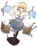  7stride alice_margatroid ascot blonde_hair book boots brooch brown_eyes dress hairband highres jewelry keyhole magic_circle open_book red_eyes short_hair simple_background skirt skirt_set solo standing touhou white_background wooden_figure 