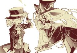  2girls ascot brown_theme buttons cookie_run cookie_run:_ovenbreak cowboy_shot double-breasted eyepatch gloves gold_trim hair_bun hat highres juliet_sleeves kampuzu lapels long_hair long_sleeves monochrome multiple_girls open_mouth pants puffy_sleeves reverse:1999 sidelocks simple_background smile timekeeper_cookie top_hat trait_connection v vertin_(reverse:1999) very_long_hair vest 