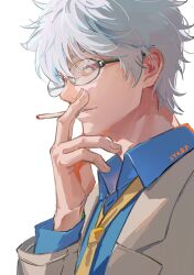  1boy blue_shirt cigarette coat collared_shirt commentary_request gintama glasses grey_hair hand_up holding holding_cigarette lab_coat long_sleeves looking_at_viewer male_focus necktie official_alternate_costume parted_lips round_eyewear sakata_gintoki seppuku009 shirt short_hair smoking solo upper_body white_background white_coat yellow_necktie 