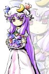  :&lt; ascot bow crescent crossed_arms dress hair_bow hat hat_bow long_hair natsuki_(silent_selena) patchouli_knowledge purple_eyes purple_hair solo standing touhou very_long_hair violet_eyes 