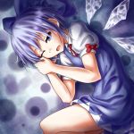  blue_eyes blue_hair bow cirno dress hair_bow ice on_side ribbon sleepy solo touhou wings wink yasojima_nejiro 