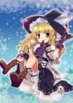  blonde_hair gloves hat highres kirisame_marisa long_hair looking_at_viewer mouth_hold smile solo suzune_yuuji touhou witch witch_hat 