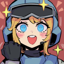  black_gloves blonde_hair blue_eyes blush bulletproof_vest clenched_hand gloves goggles goggles_on_headwear helldivers_(series) looking_at_viewer military_uniform open_mouth phantom_ix_row red_background salute seaf_soldier_(helldivers) smile sparkle super_earth_salute_(helldivers) 