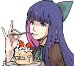  bow cake cream_on_face eating face food fork green_eyes hair_bow hands long_hair multicolored_hair panty_&amp;_stocking_with_garterbelt pink_hair pinky_out solo stocking_(psg) two-tone_hair 