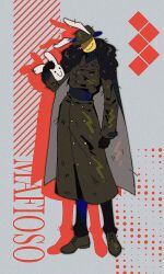  1boy black_cape black_coat black_pants black_shoes cape closed_mouth coat colored_skin facing_viewer forsaken_(roblox) frozen_soul full_body highres mafioso_(forsaken) mafioso_(frozen_soul) pants roblox shaded_face shoes smile solo xom98 yellow_skin 