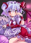  alternate_costume alternate_hairstyle ascot bat_wings blush brooch character_pillow enmaided fang gibuchoko highres izayoi_sakuya jewelry maid maid_headdress pillow red_eyes remilia_scarlet short_hair skirt slit_pupils solo touhou twintails wings wrist_cuffs 