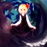  blonde_hair blush_stickers glowing glowing_eyes highres holding_skirt looking_at_viewer rumia sakana_(packetsjp) short_hair skirt_hold smile solo the_embodiment_of_scarlet_devil touhou youkai 