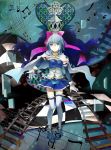  blue_eyes blue_hair checkered detached_sleeves dual_persona gloves highres icemeko mahou_shoujo_madoka_magica miki_sayaka musical_note oktavia_von_seckendorff outstretched_hand railroad_tracks short_hair skirt spoilers staff_(music) thigh-highs thighhighs 