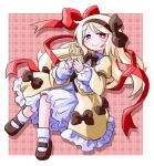  1girl blonde_hair bow chocolate dress hair_bow highres kugelschreiber long_hair looking_at_viewer original red_eyes ribbon smile solo white_chocolate 