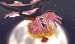  :d blonde_hair fangs full_moon hair_ribbon hands moon night night_sky open_mouth outstretched_hand red_eyes ribbon rumia short_hair sky smile solo the_embodiment_of_scarlet_devil touhou upside-down yafu youkai 