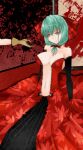  aoshima bare_shoulders blood breasts cleavage dress elbow_gloves empty_eyes front_ponytail gloves green_eyes green_hair grin hair_ribbon highres impossible_clothes impossible_dress kagiyama_hina lace large_breasts leaf leaf_print navel ribbon smile solo strapless_dress touhou 