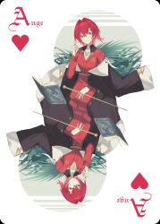  1girl ange_katrina ange_katrina_(1st_costume) black_coat blue_eyes book breasts card card_(medium) cardigan character_name coat coat_partially_removed commentary crossed_bangs floating floating_book floating_object hair_between_eyes hair_intakes hair_ornament hand_up heart highres holding holding_scepter long_sleeves looking_at_viewer monocle monocle_chain multicolored_eyes multiple_views nijisanji open_book parted_lips plant playing_card red_cardigan red_hair rotational_symmetry scepter seelean short_hair slit_pupils small_breasts triangle_hair_ornament two-tone_eyes violet_eyes virtual_youtuber white_background 