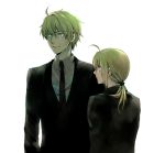  1girl ahoge blonde_hair dual_persona fate/prototype fate/zero fate_(series) formal genderswap green_eyes height_difference necktie ponytail rabbit19 saber_(fate/prototype) smile suit 