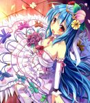  :d blue_hair blush bouquet bow breasts choker cleavage detached_sleeves dress flower food frills from_above fruit gem hair_flower hair_ornament highres hinanawi_tenshi hoshi_no_gen leaf long_hair open_mouth orange_eyes peach petals red_eyes ribbon rose sitting smile solo tiara touhou very_long_hair wedding_dress 