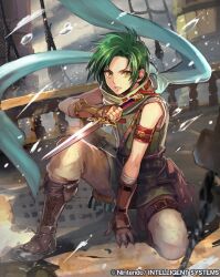  1boy boots brown_boots clenched_teeth dagger fingerless_gloves fire_emblem fire_emblem:_path_of_radiance fire_emblem_cipher full_body gloves green_hair holding holding_dagger holding_knife holding_weapon kneeling knife looking_to_the_side nijihayashi official_art sleeveless sleeveless_vest solo sothe_(fire_emblem) teeth third-party_source weapon yellow_eyes 