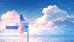  1girl amenomori_howa barefoot black_hair blue_sky blunt_ends brown_hat clouds cloudy_sky commentary_request contrail day direction_board dress flower from_behind hair_flower hair_ornament hat hat_ribbon highres holding holding_own_wrist holding_unworn_clothes holding_unworn_hat long_hair looking_at_sign original outdoors reflection reflective_water ribbon scenery short_sleeves sign simple_bird sky solo standing standing_on_liquid sun_hat unworn_hat unworn_headwear video_thumbnail white_dress wide_shot 
