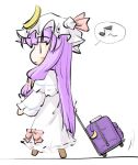  bow crescent dress hair_bow hat hat_bow long_hair lowres musical_note natsuki_(silent_selena) patchouli_knowledge pulling purple_hair side smile solo spoken_musical_note suitcase touhou walking |_| 