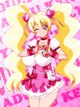  blonde_hair breasts choker corset cure_peach fresh_precure! heart heart_hands highres ireku_badou large_breasts long_hair magical_girl momozono_love pink_background pink_eyes precure skirt smile solo twintails wink wrist_cuffs 