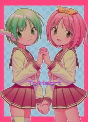  2girls android blue_background border bow bowtie closed_mouth copyright_name cowboy_shot green_eyes green_hair hair_bow hairband highres holding_hands kamigishi_akari long_sleeves looking_at_viewer menma_(enaic31) multi_(to_heart) multiple_girls open_mouth pink_border pink_bow pink_bowtie pink_eyes pink_hair red_sailor_collar red_skirt sailor_collar school_uniform shirt short_hair signature simple_background skirt thigh-highs to_heart to_heart_(series) white_shirt white_thighhighs yellow_bow yellow_hairband zettai_ryouiki 